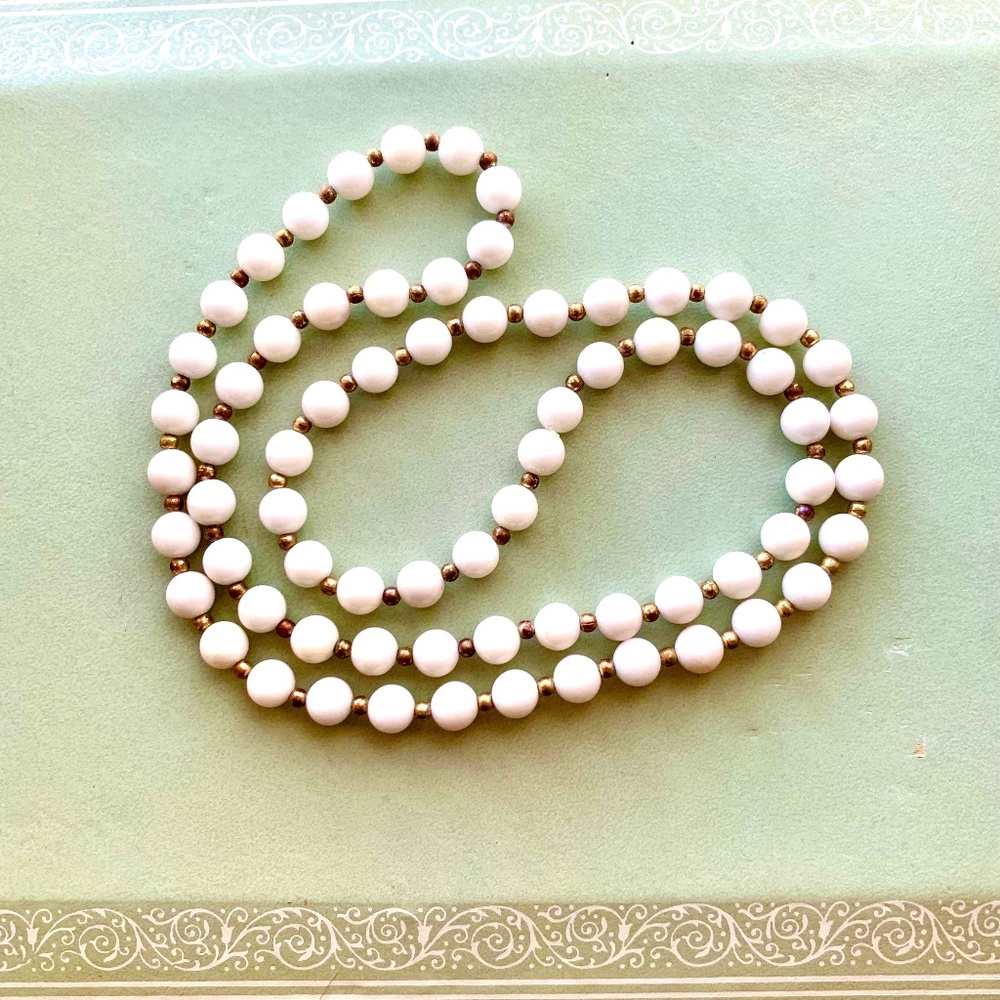Vintage White Beaded Necklace with Antiqued Gold Spacers